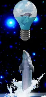 Dolphin jumping towards ocean-themed lightbulb in a dark fantasy setting.
