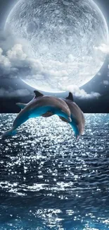 Dolphin leaping beneath a moonlit sky over ocean waves.