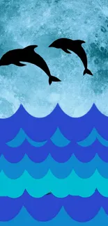 Mobile wallpaper with dolphins jumping over blue ocean waves under a full moon.