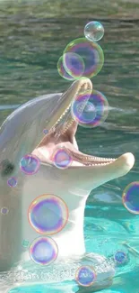 Playful dolphin in turquoise water with bubbles.