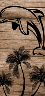 Dolphin silhouette over palm trees on wooden texture.