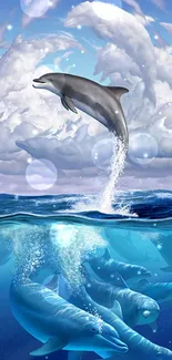 Dolphin leaping through ocean waves with dramatic clouds overhead.