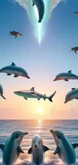 Dolphins leaping through a sunset sky, creating a fantasy scene with ocean hues.