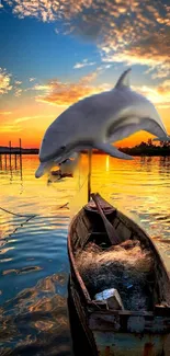 Dolphin leaps over a boat at sunset.