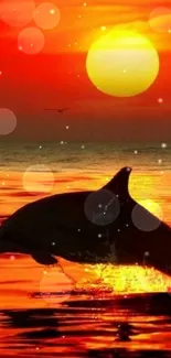 Silhouetted dolphin jumps at sunset over calm ocean waters.