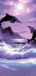 Dolphins jumping in a purple ocean under a sunset sky.