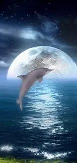 Dolphin jumps in moonlit ocean with full moon reflecting on water.