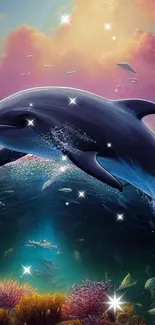 Dolphin swimming in vibrant underwater fantasy art wallpaper.