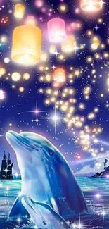 Dolphin under colorful floating lanterns in a magical night scene.