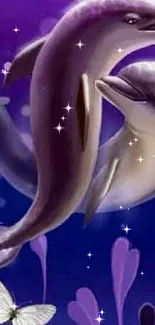 Fantasy dolphins and butterfly on purple ocean-themed wallpaper.