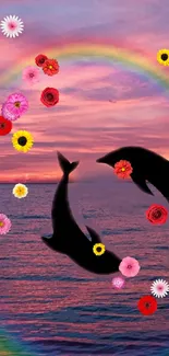 Dolphins leaping with flowers against a pink sunset ocean background.