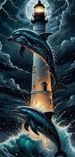 Dolphins leap beside a lighthouse under a stormy, moonlit sky.