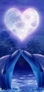 Dolphins beneath a moonlit heart in a mystical ocean scene at night.