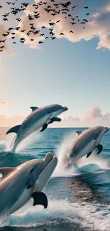 Dolphins leap in ocean under a sky with birds and clouds.