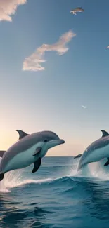 Dolphins jumping through ocean waves at sunrise, with a serene sky overhead.