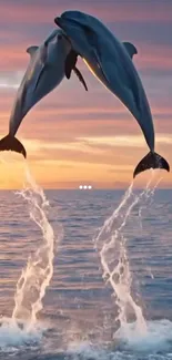Two dolphins leaping at sunset over the ocean.