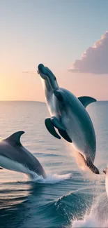 Dolphins leaping in ocean during sunset.