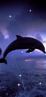 Dolphins leaping at twilight over ocean waves.