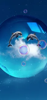 Mobile wallpaper of dolphins in a cosmic sphere with a blue galaxy background.