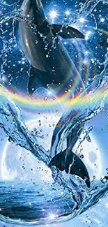 Dolphins leaping through water with rainbow and starry sky.