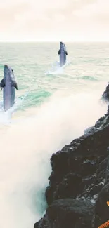 Dolphins leaping by rocky coast with waves crashing.