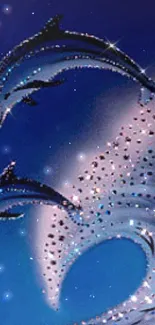 Dolphins leaping through a sparkling ocean wave at night in a stunning wallpaper.