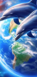 Artistic illustration of dolphins over Earth in space.