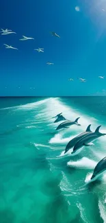 Dolphins leaping through ocean waves under a sunny sky with birds flying above.