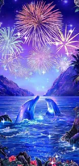 Dolphins leap joyfully under a sky lit with colorful fireworks.