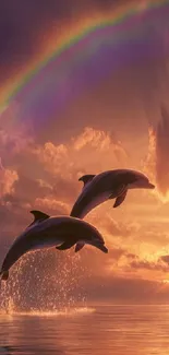 Dolphins leaping in sunset with rainbow.