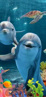 Playful dolphins in vibrant underwater scene with corals and marine life.