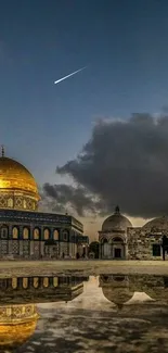 Reflection of Dome of the Rock at sunset with crescent moon in the sky.