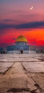 Dome of the Rock during sunset with a vivid red sky and a crescent moon above.