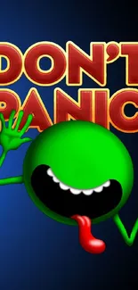 Green smiley with 'Don't Panic' text on a blue background.