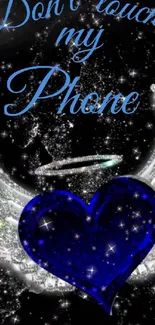 Mobile wallpaper with a blue heart and angel wings featuring celestial sparkles.