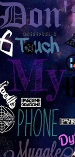 Artwork featuring music band logos on a purple galaxy background.