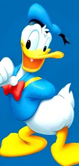 Donald Duck smiling in a blue outfit on blue background.