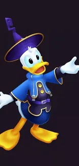 Donald Duck in wizard costume with dark purple background.