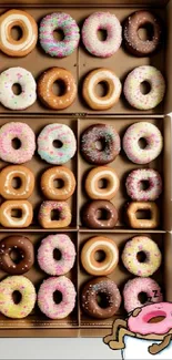 Colorful donut box with sleepy cartoon donut character.