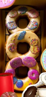 Mobile wallpaper featuring colorful donuts in a box with coffee cups.