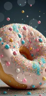 A donut with colorful sprinkles floating in mid-air.