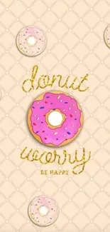 Pink donut wallpaper with 'Donut Worry' text on a beige background.