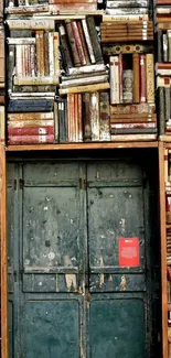 Wooden door surrounded by vintage books.