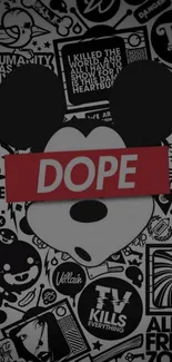 Dope-themed graffiti art wallpaper with bold cartoon designs in black and red.