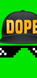 Dope hat with yellow text and pixel sunglasses on green background.