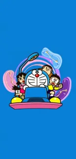 Doraemon and friends in colorful, fun mobile wallpaper on blue background.