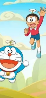 Doraemon and Nobita flying in vibrant cartoon sky.