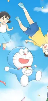 Doraemon and friends floating in the sky with vibrant colors and animation.