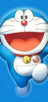 Cheerful Doraemon wallpaper with bright blue background.