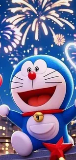 Doraemon joyfully celebrates with fireworks and heart balloons at night.